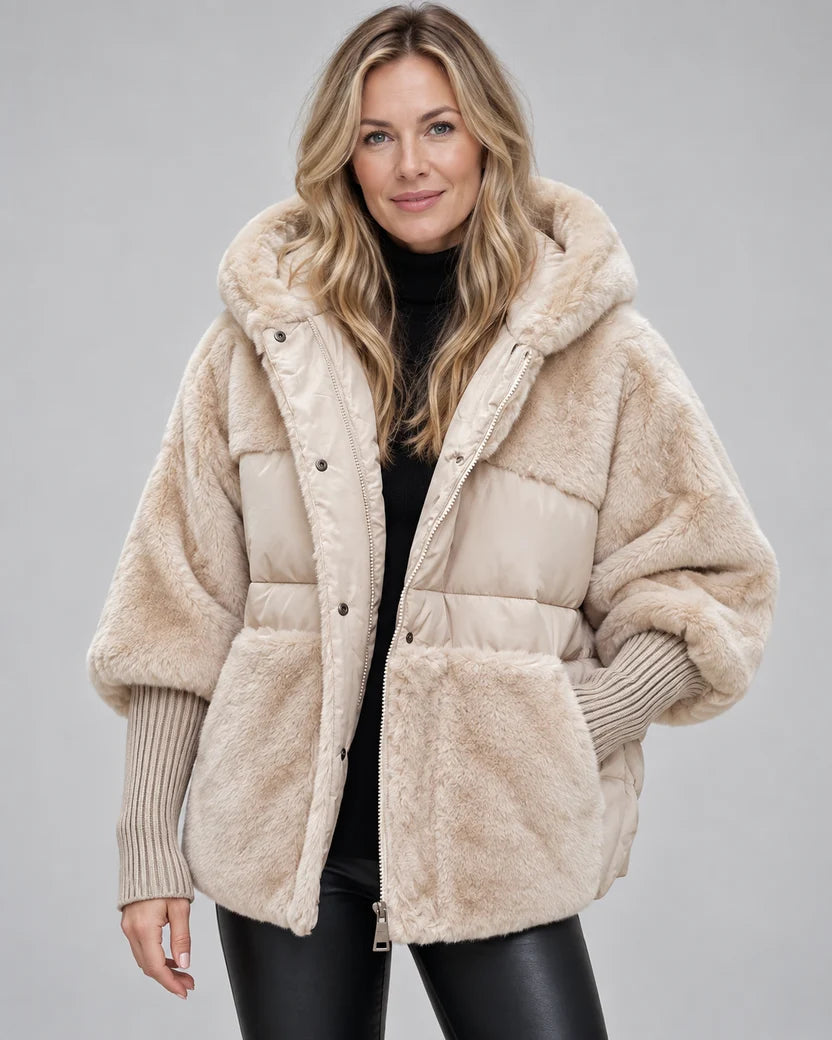Manteau Cocon Fausse Fourrure à Capuche