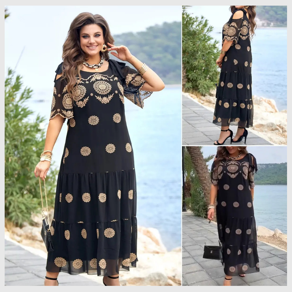 Robe Longue Bohème Imprimée en Dentelle Noire