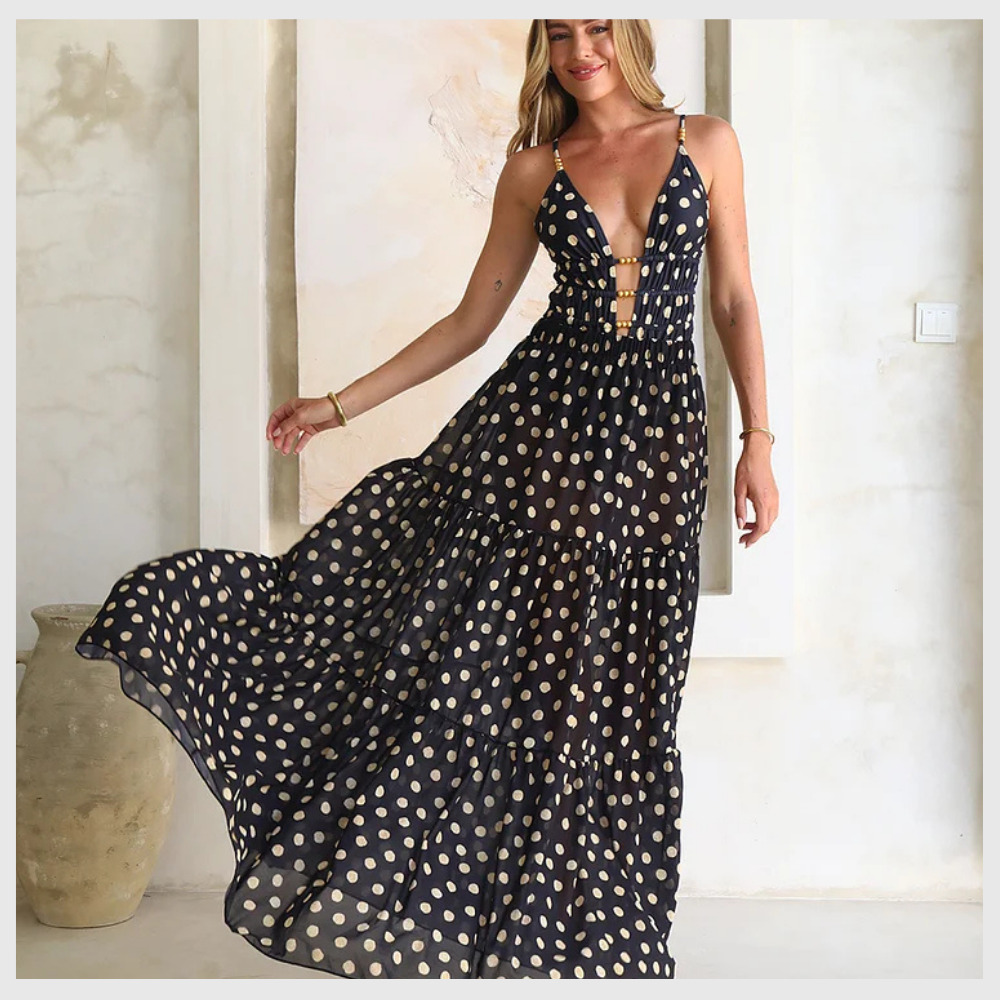 Maillot de bain une pièce à pois noirs et dorés avec col en V et jupe