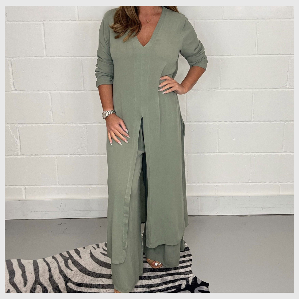 Ensemble Femme Élégant Haut Long et Pantalon Uni