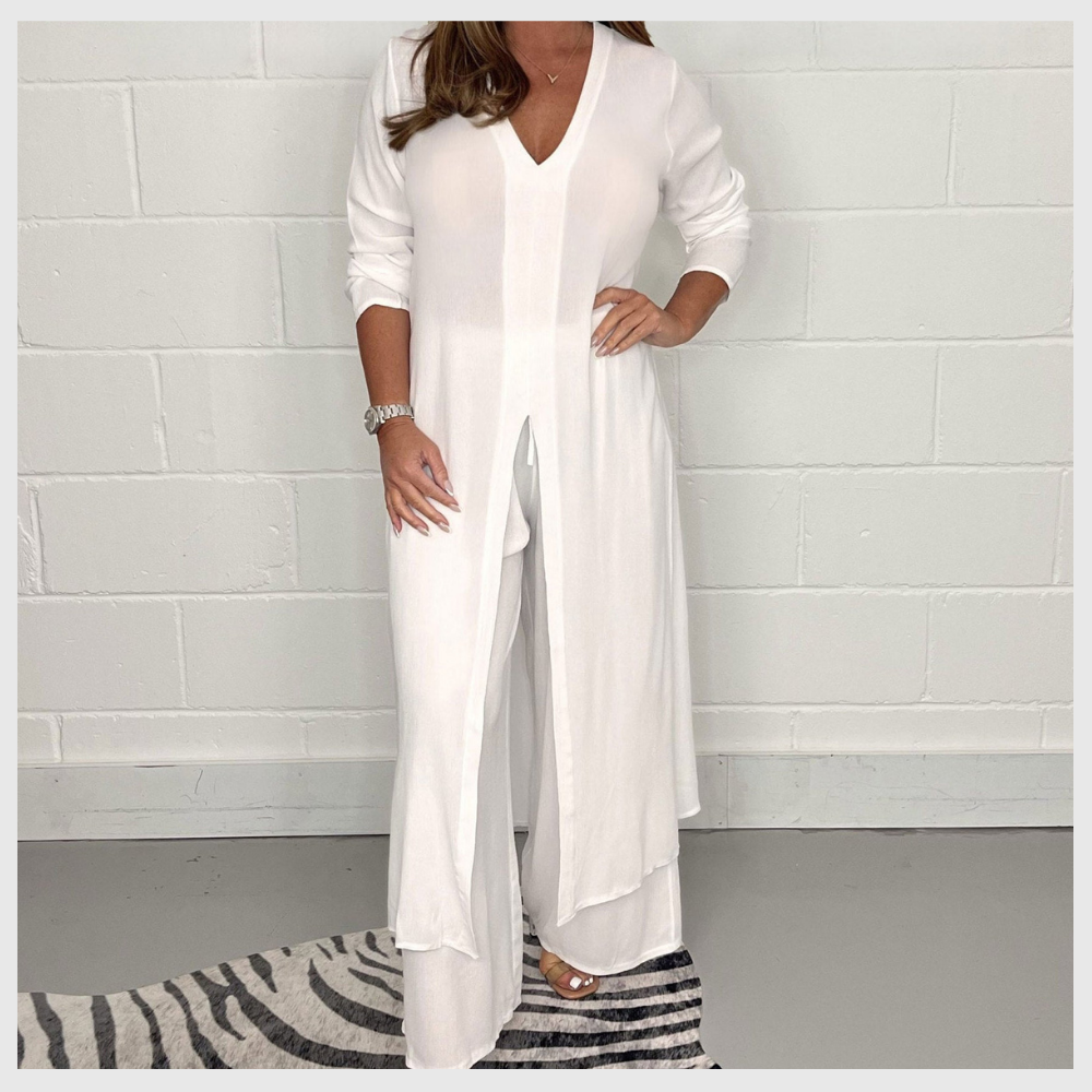 Ensemble Femme Élégant Haut Long et Pantalon Uni