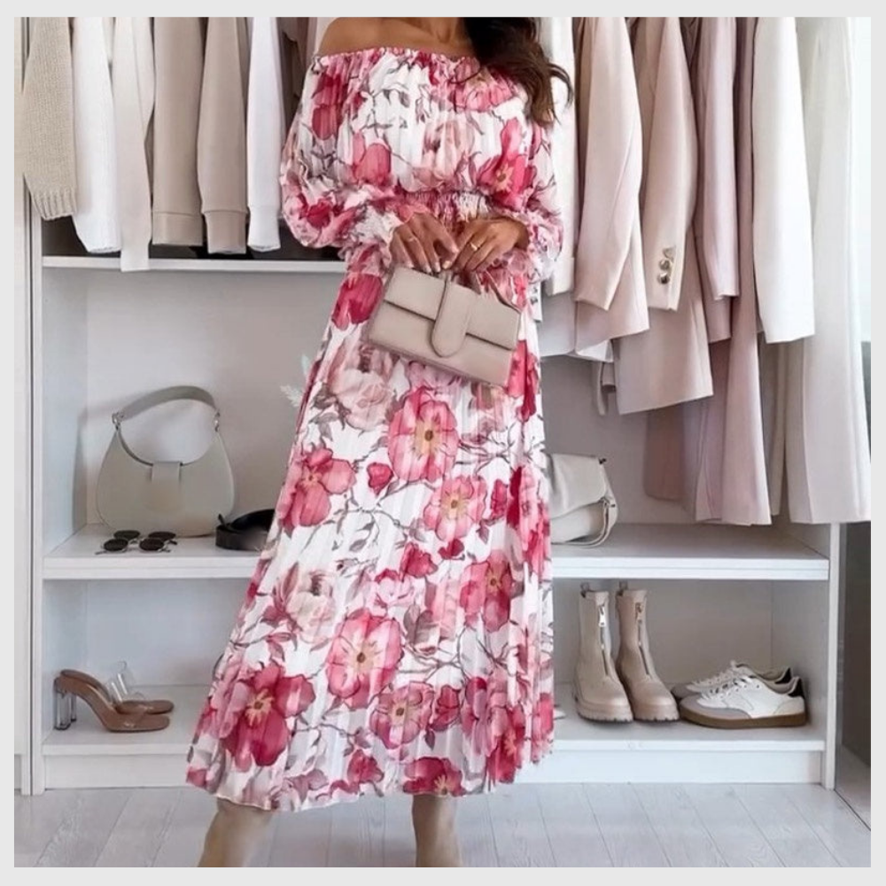 Ensemble deux pièces à motif floral : blouse épaules dénudées et jupe longue