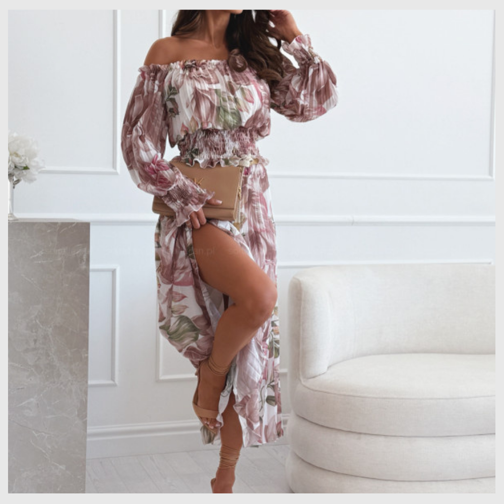 Ensemble deux pièces à motif floral : blouse épaules dénudées et jupe longue