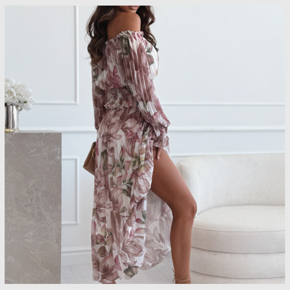 Ensemble deux pièces à motif floral : blouse épaules dénudées et jupe longue
