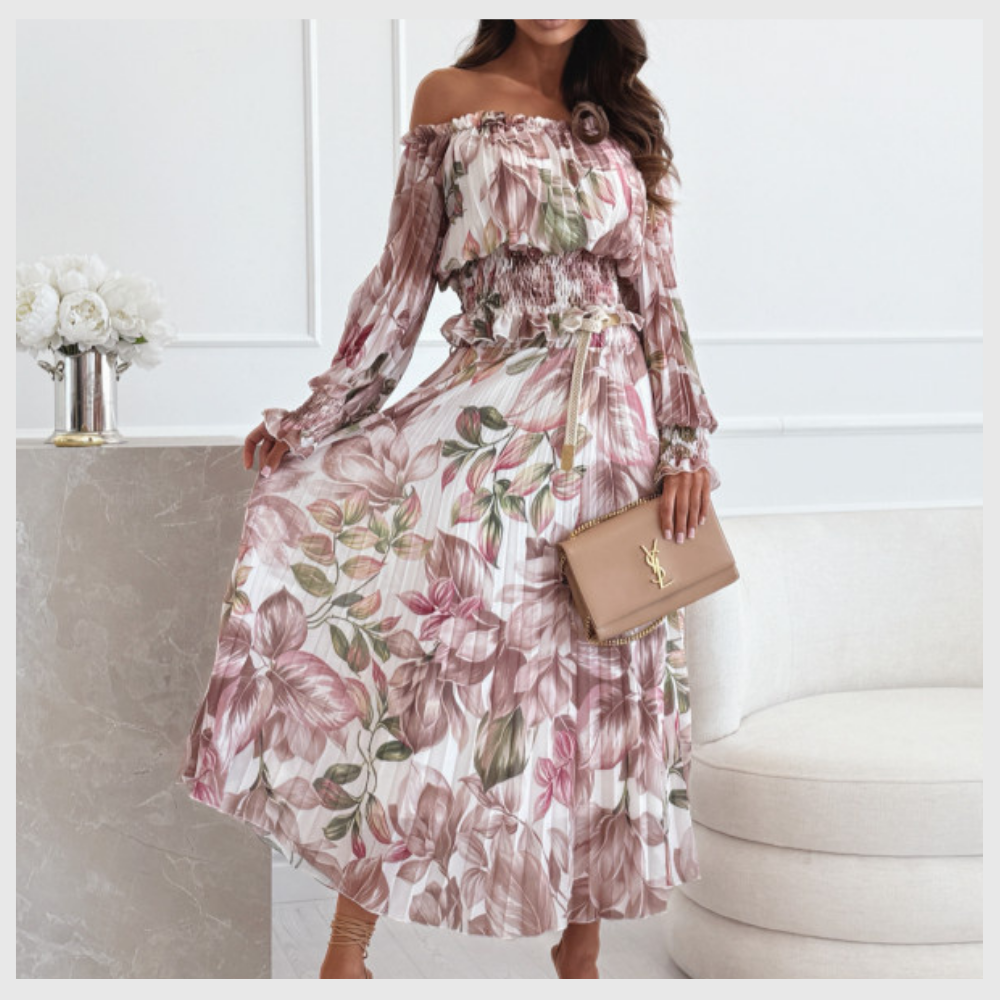 Ensemble deux pièces à motif floral : blouse épaules dénudées et jupe longue