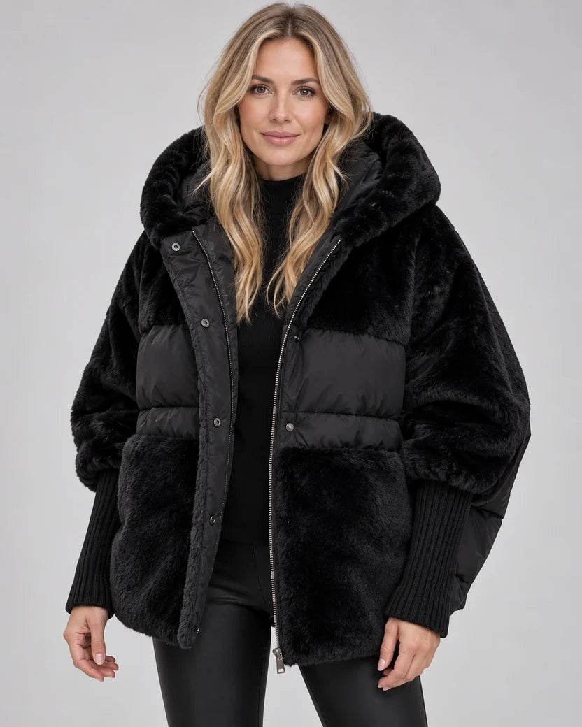 Manteau Cocon Fausse Fourrure à Capuche