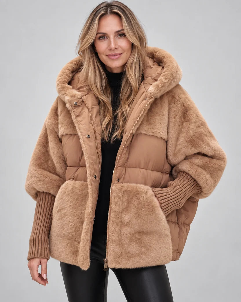 Manteau Cocon Fausse Fourrure à Capuche
