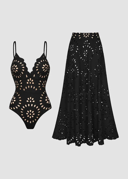 Maillot Une-Pièce Ajouré Floral avec Jupe — Collection Riviera