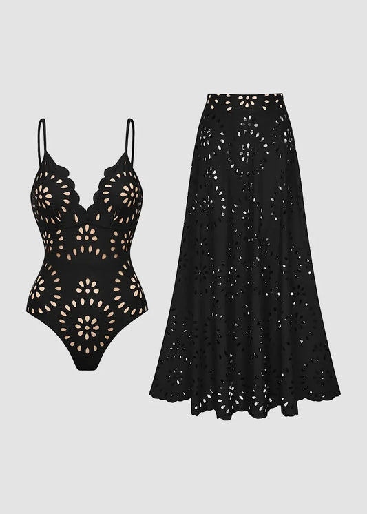 Maillot Une-Pièce Ajouré Floral avec Jupe — Collection Riviera
