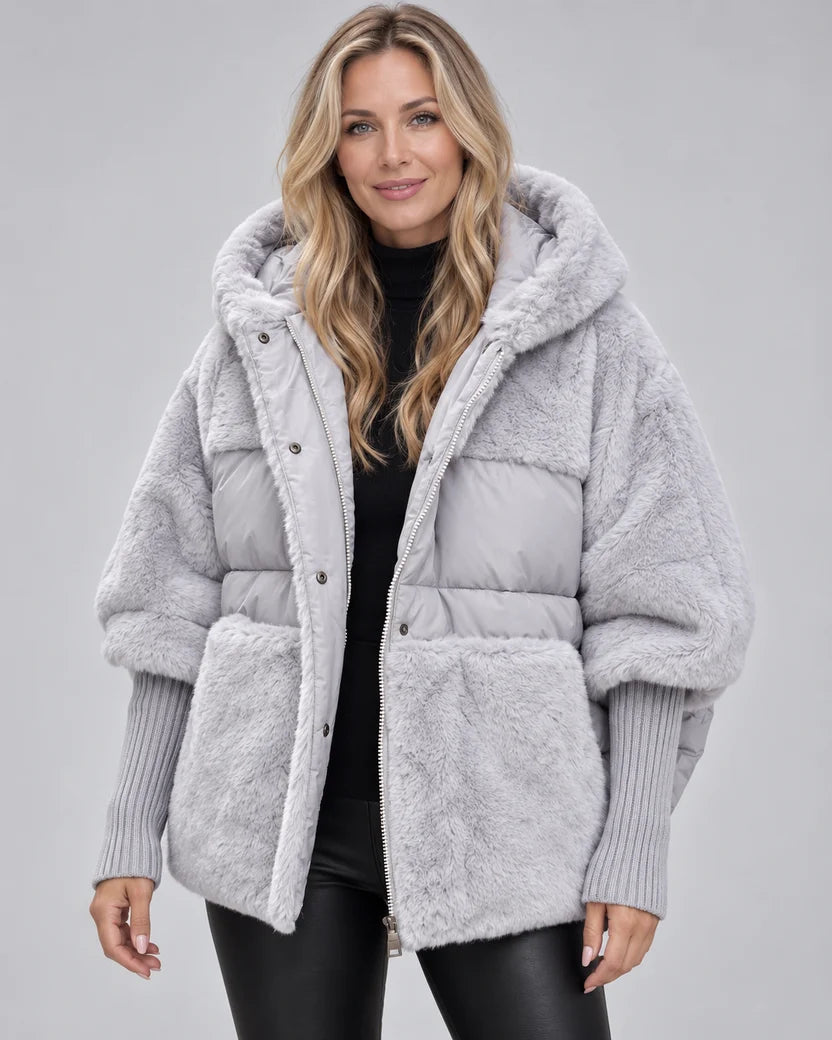 Manteau Cocon Fausse Fourrure à Capuche