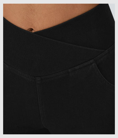 Pantalon évasé croisé taille haute en denim extensible