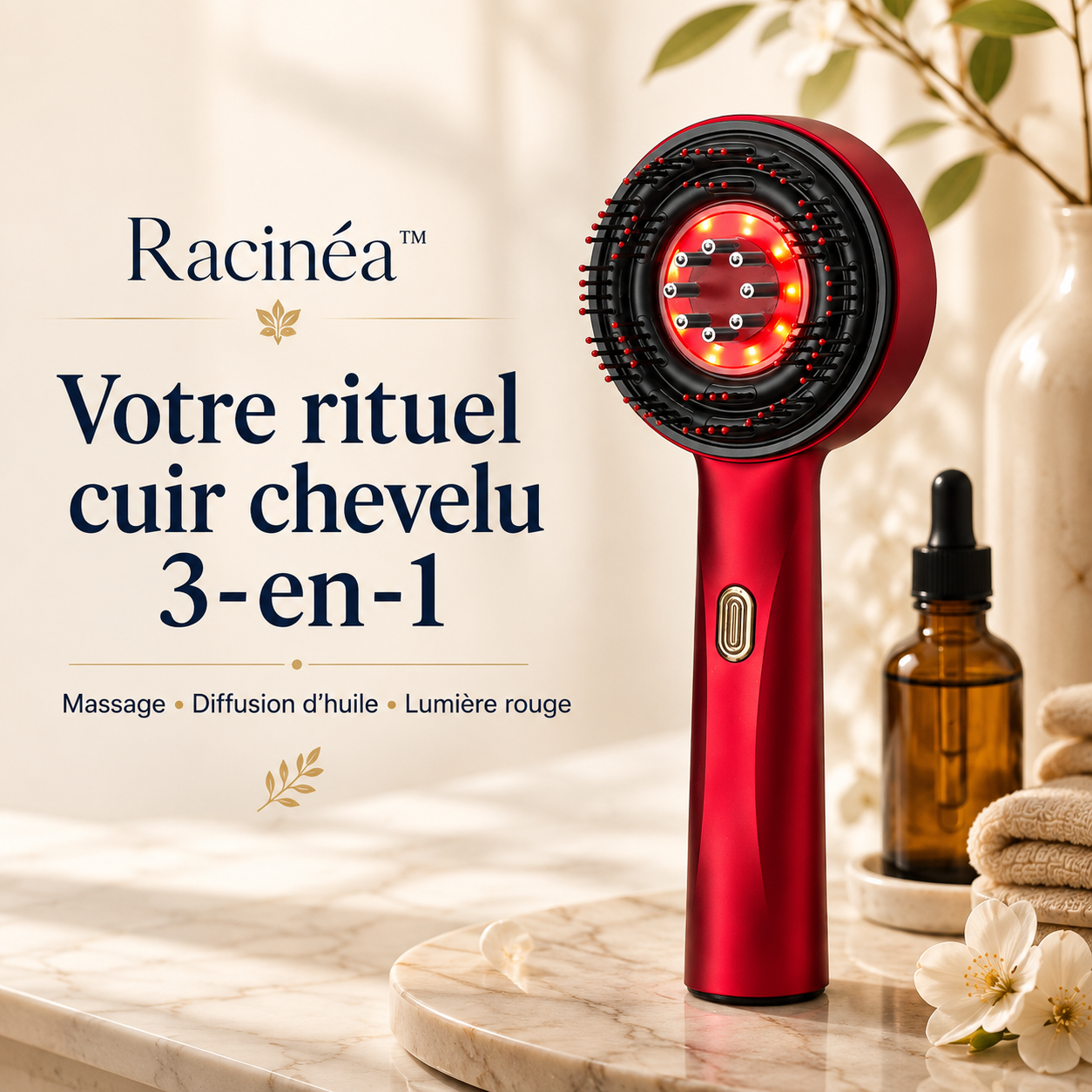 Racinéa™ — Brosse Massage Cuir Chevelu 3-en-1 avec Lumière Rouge & Diffuseur d’Huile