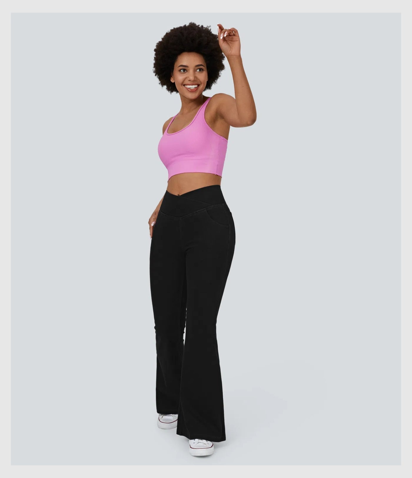 Pantalon évasé croisé taille haute en denim extensible
