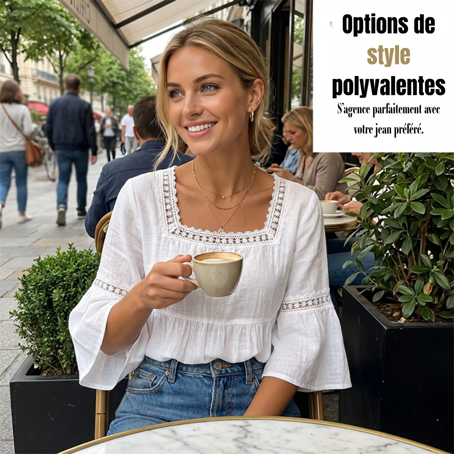 Blouse Boho Col Carré — Dentelle & Manches Cloche