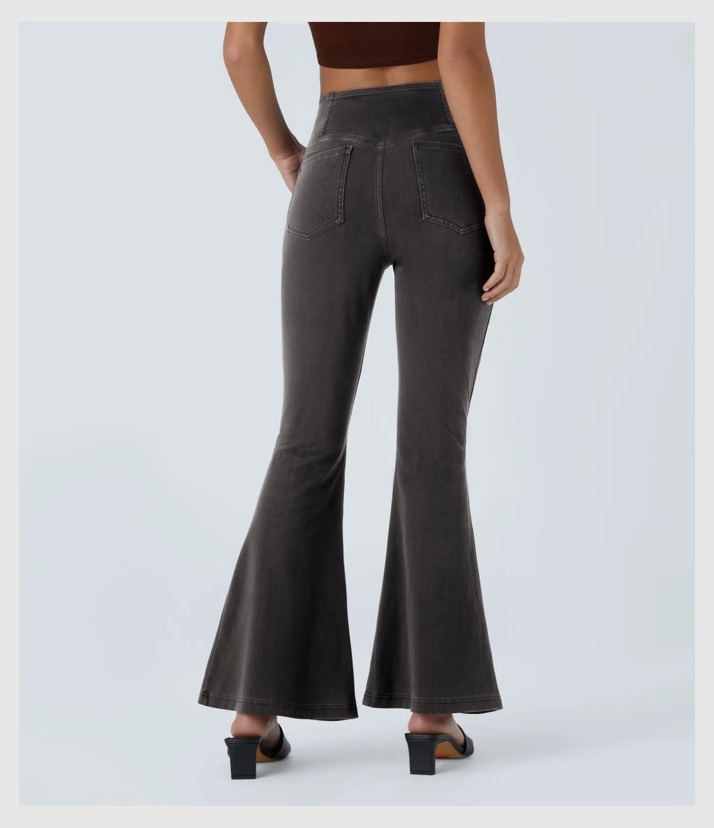 Pantalon évasé croisé taille haute en denim extensible