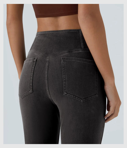 Pantalon évasé croisé taille haute en denim extensible