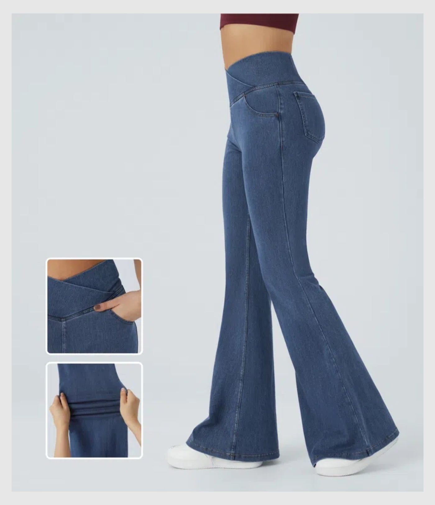 Pantalon évasé croisé taille haute en denim extensible