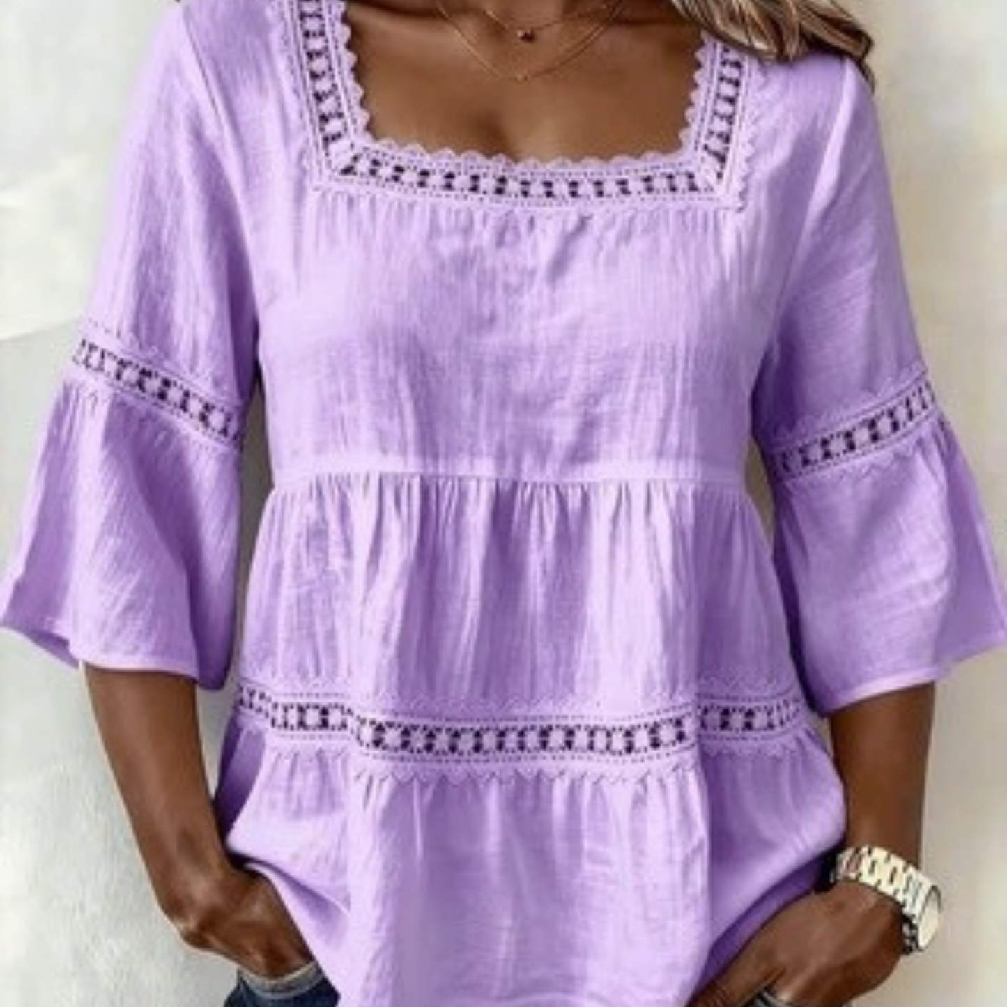 Blouse Boho Col Carré — Dentelle & Manches Cloche
