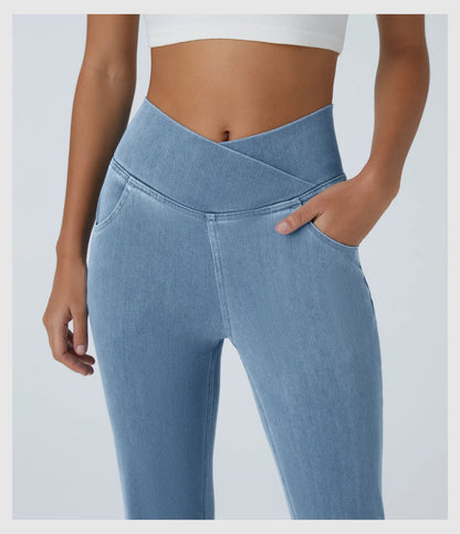 Pantalon évasé croisé taille haute en denim extensible
