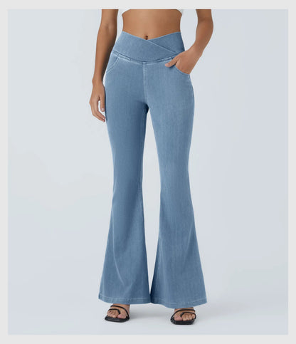 Pantalon évasé croisé taille haute en denim extensible