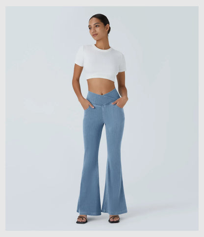 Pantalon évasé croisé taille haute en denim extensible