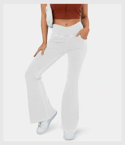 Pantalon évasé croisé taille haute en denim extensible