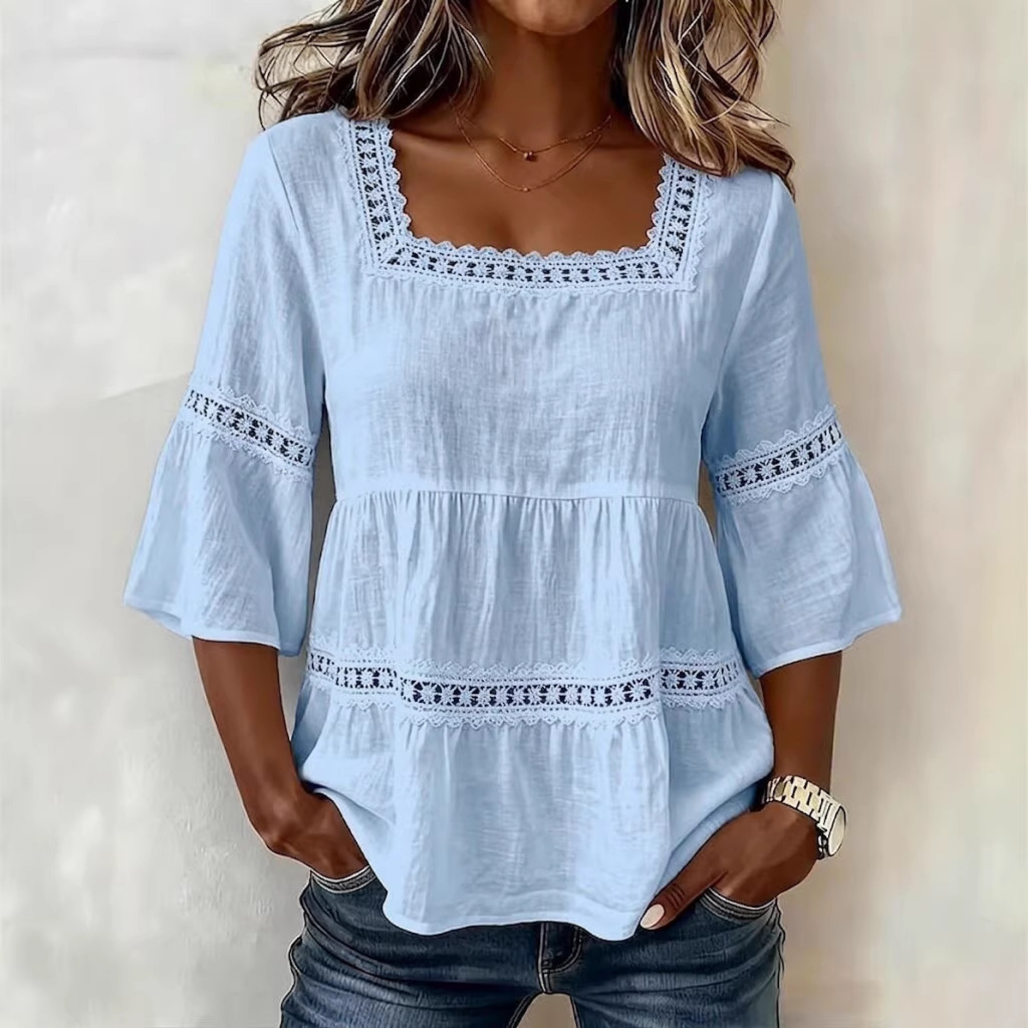 Blouse Boho Col Carré — Dentelle & Manches Cloche