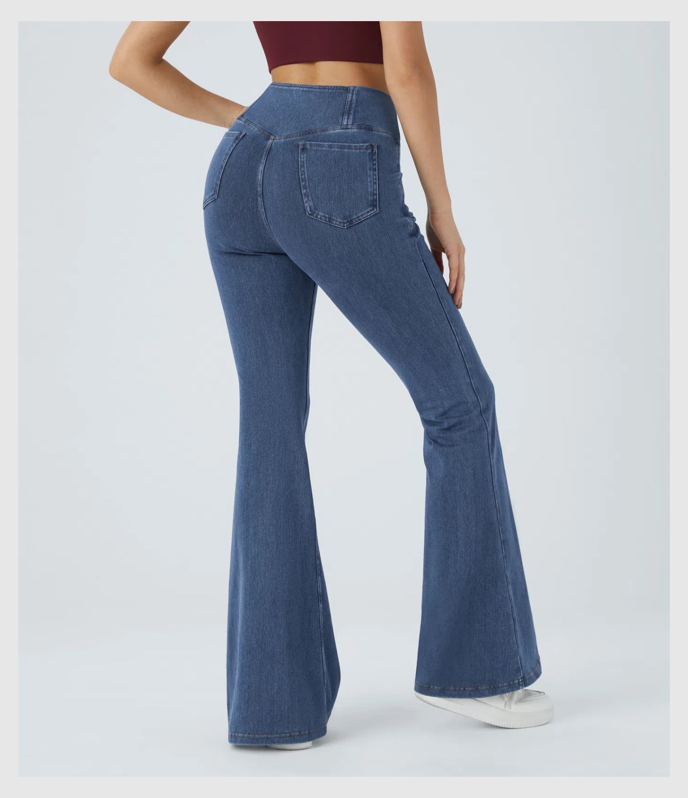 Pantalon évasé croisé taille haute en denim extensible