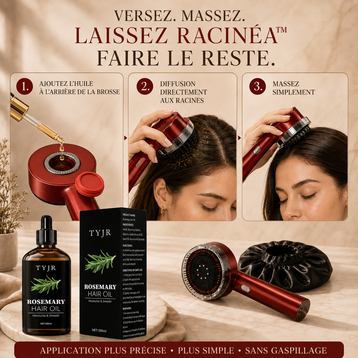 Racinéa™ — Brosse Massage Cuir Chevelu 3-en-1 avec Lumière Rouge & Diffuseur d’Huile