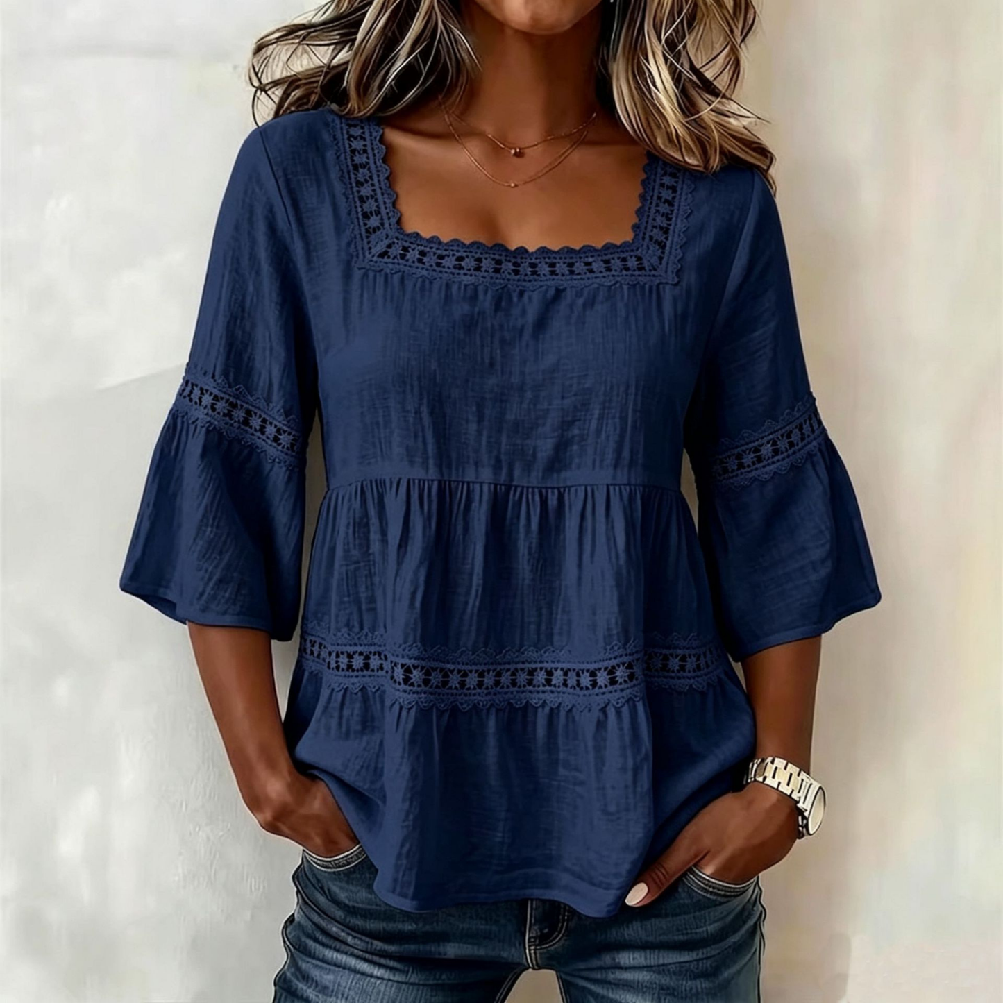 Blouse Boho Col Carré — Dentelle & Manches Cloche