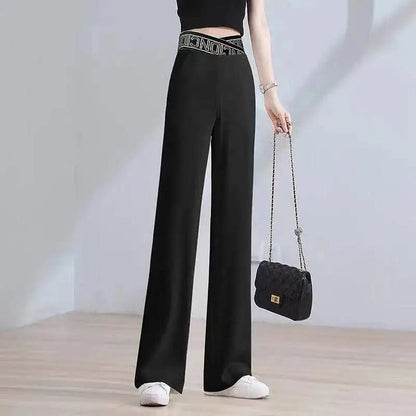Pantalon Droit Extensible à Taille Haute et Jambes Larges pour Femmes