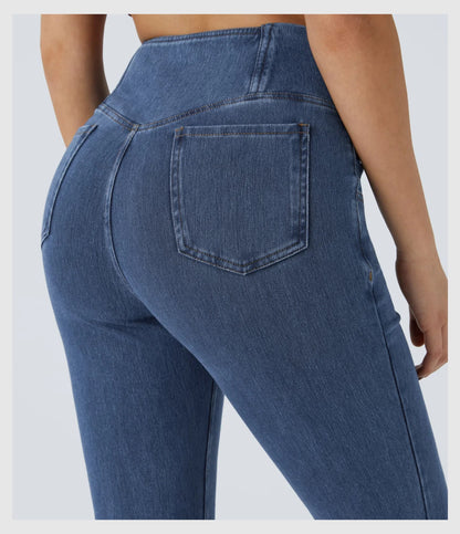 Pantalon évasé croisé taille haute en denim extensible