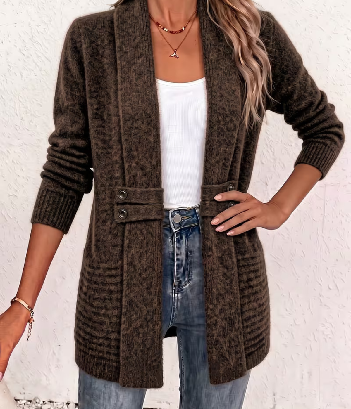 Cardigan Mi-Long Col Châle Taille Cintrée - Collection Automne.