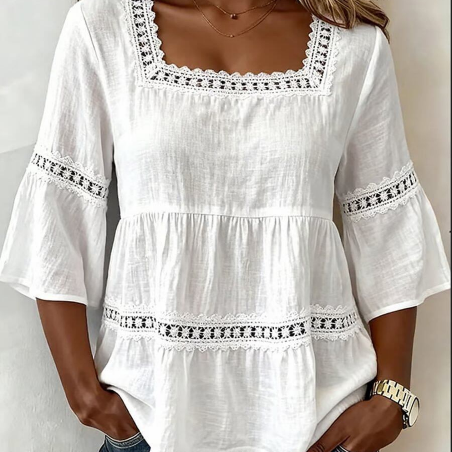 Blouse Boho Col Carré — Dentelle & Manches Cloche
