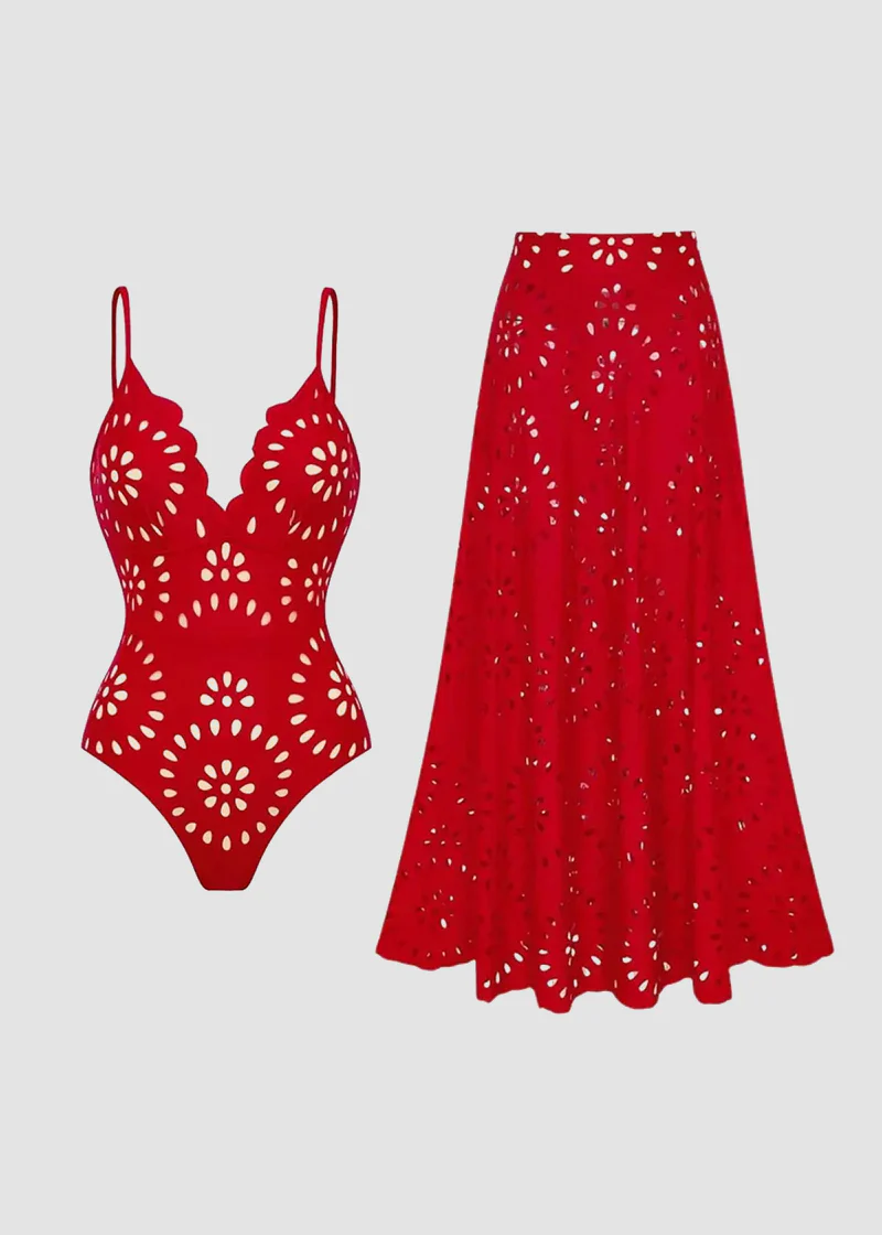 Maillot Une-Pièce Ajouré Floral avec Jupe — Collection Riviera