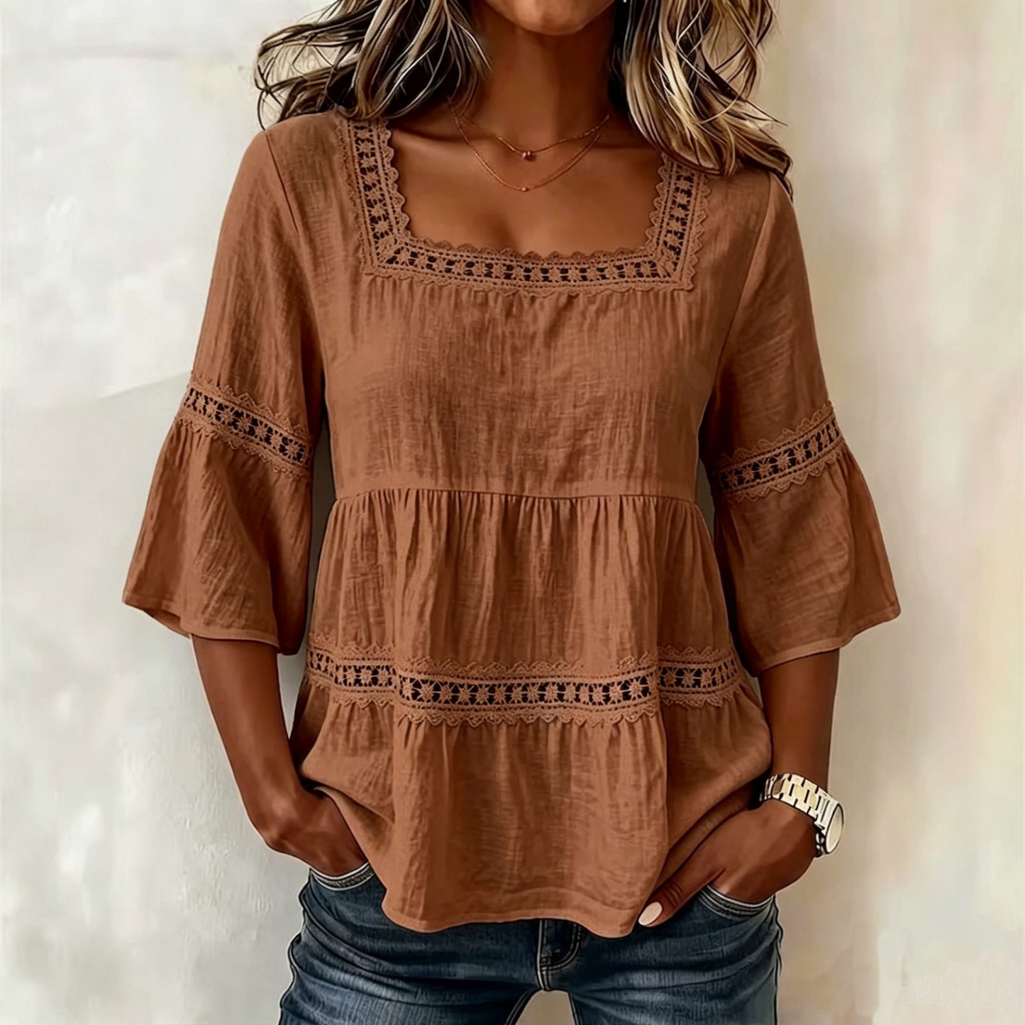 Blouse Boho Col Carré — Dentelle & Manches Cloche