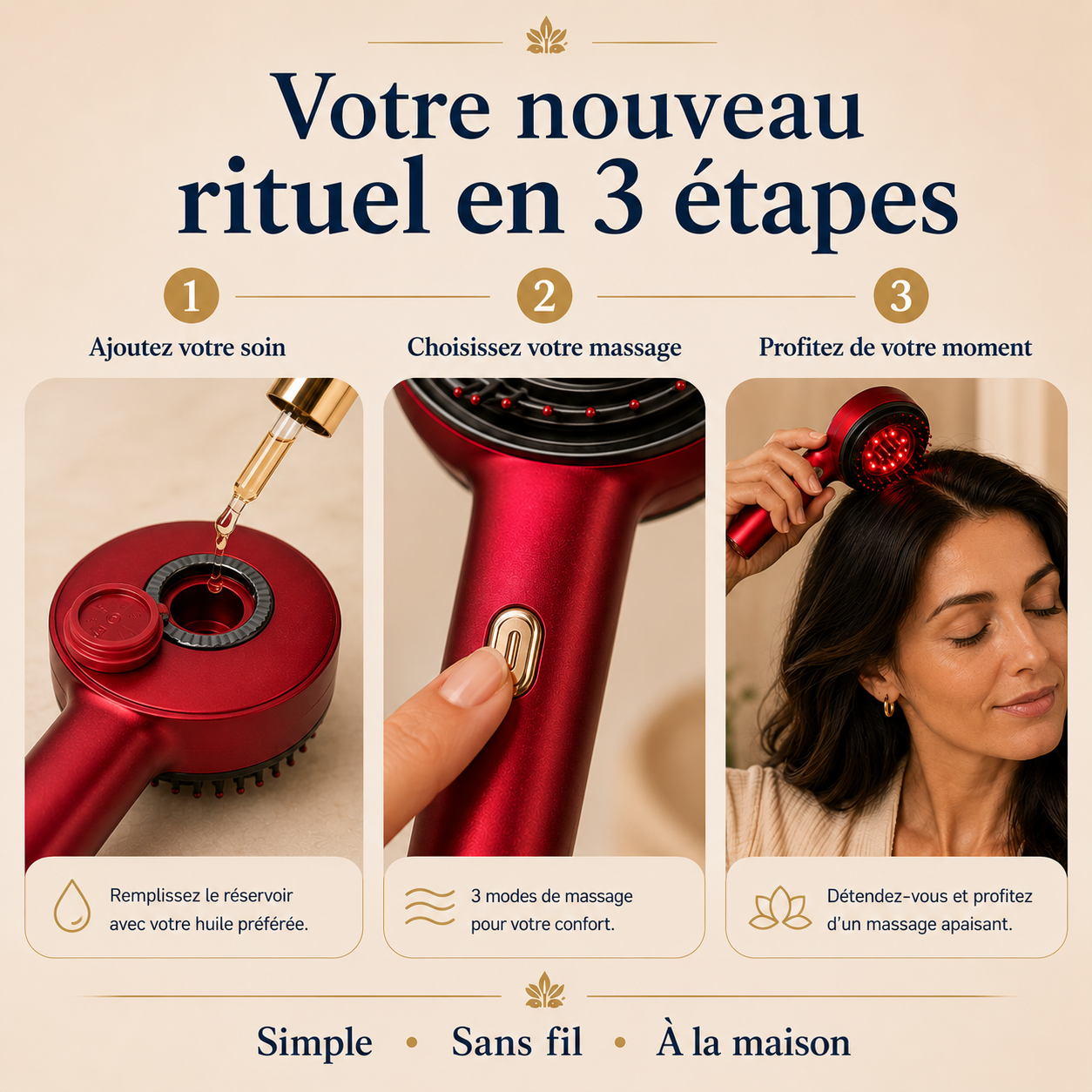 Racinéa™ — Brosse Massage Cuir Chevelu 3-en-1 avec Lumière Rouge & Diffuseur d’Huile