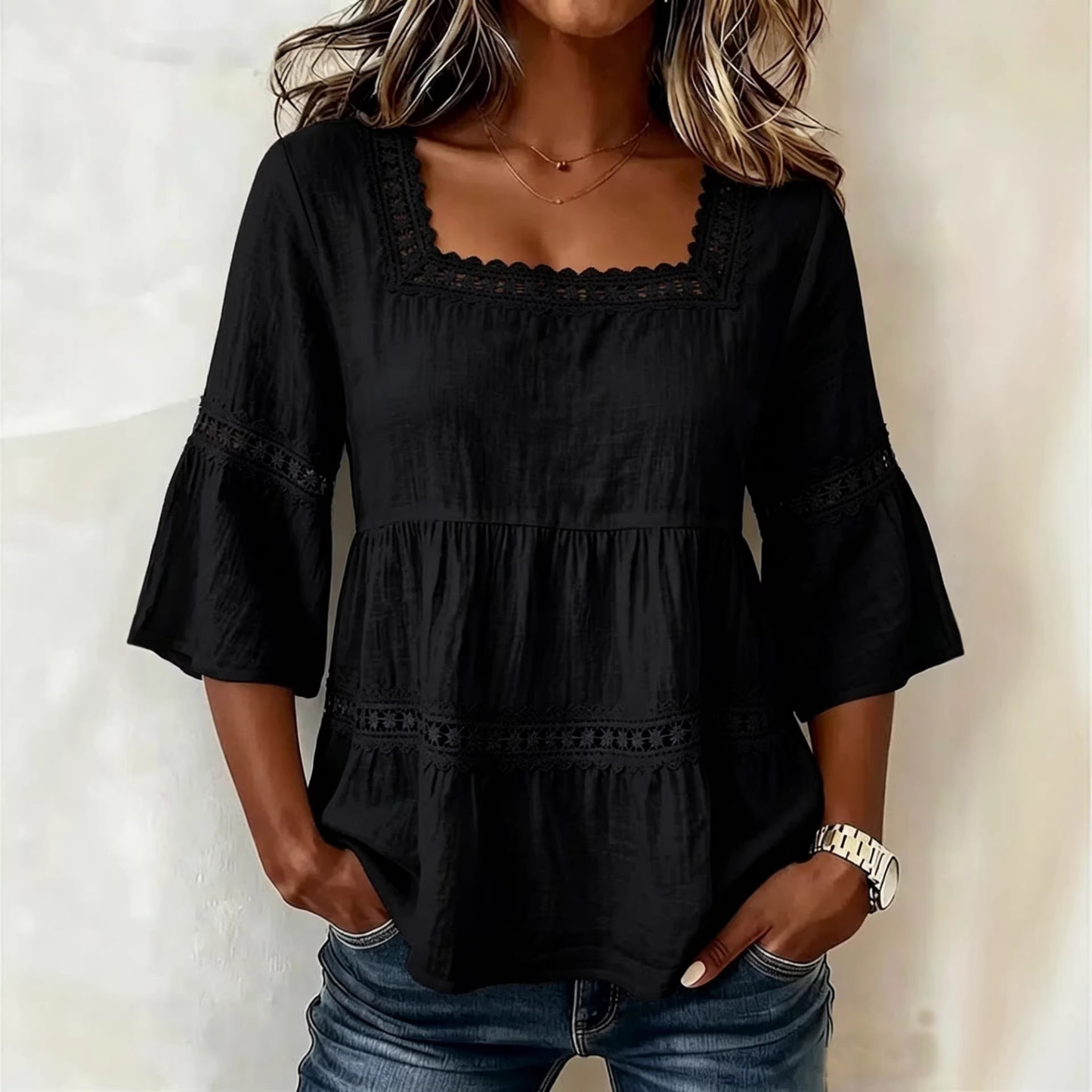 Blouse Boho Col Carré — Dentelle & Manches Cloche