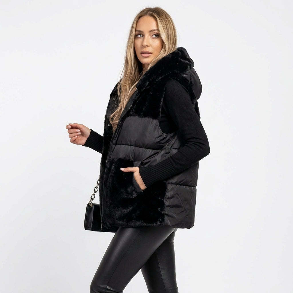 Manteau Cocon Fausse Fourrure à Capuche