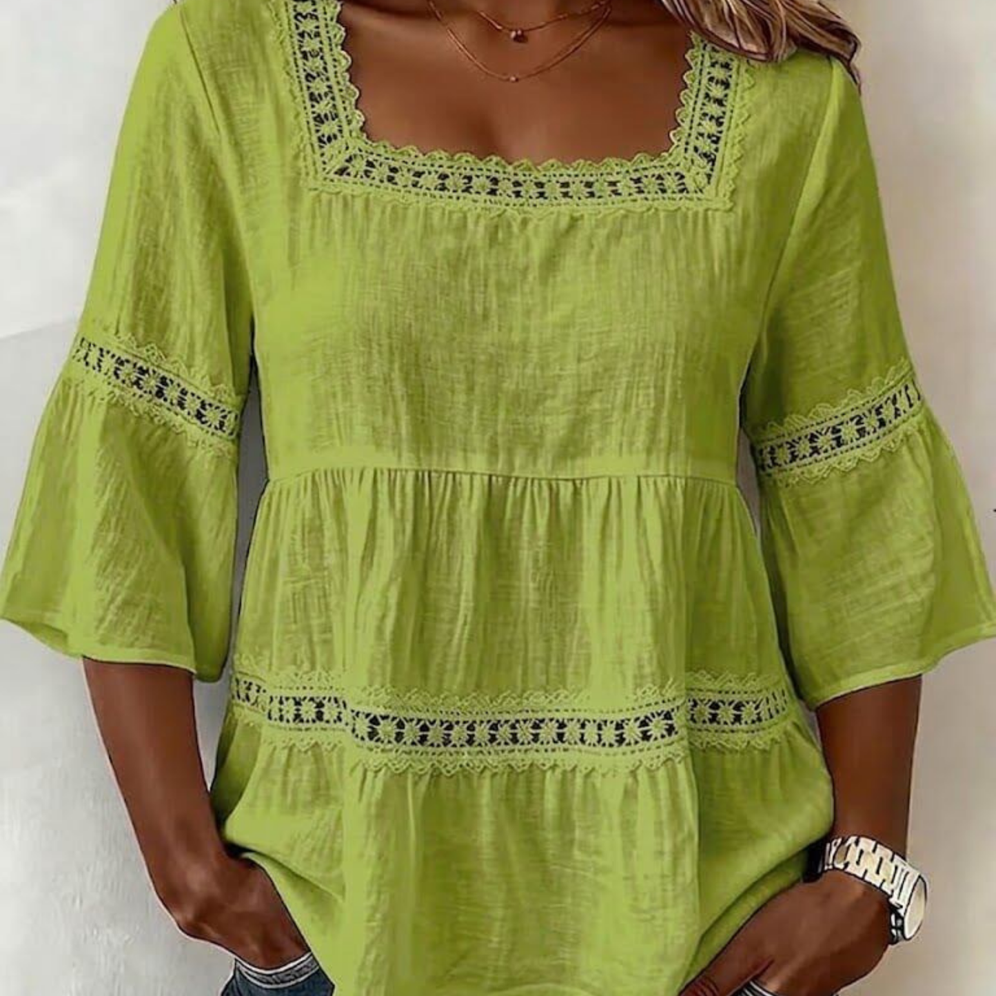 Blouse Boho Col Carré — Dentelle & Manches Cloche