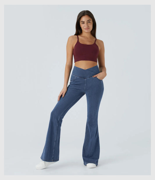 Pantalon évasé croisé taille haute en denim extensible