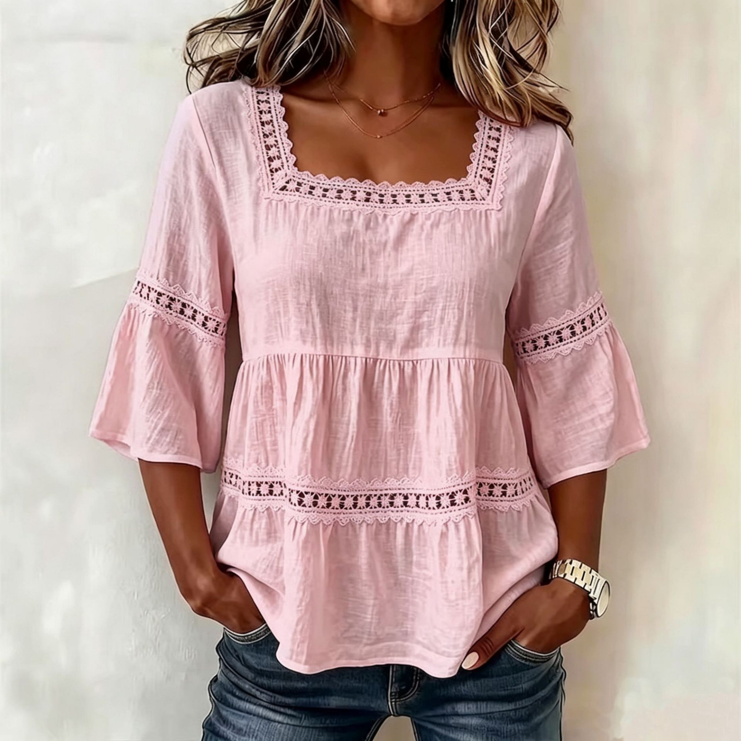 Blouse Boho Col Carré — Dentelle & Manches Cloche