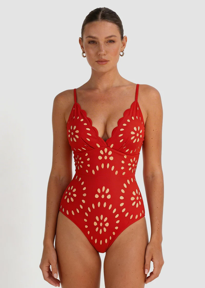 Maillot Une-Pièce Ajouré Floral avec Jupe — Collection Riviera