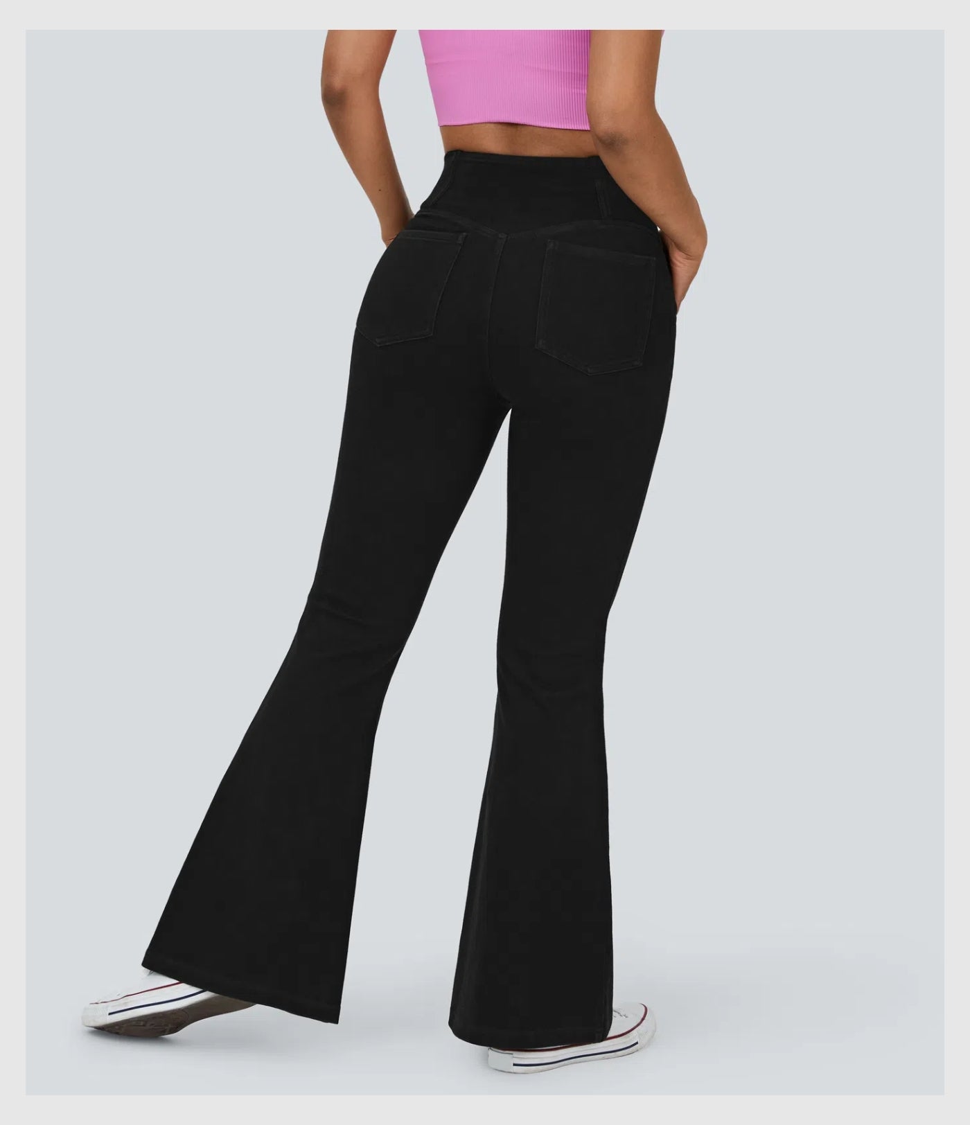 Pantalon évasé croisé taille haute en denim extensible