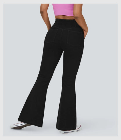 Pantalon évasé croisé taille haute en denim extensible