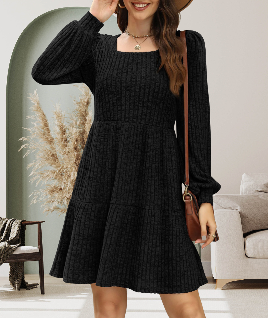 Lunaria™ – Robe Côtelée Chic à Encolure Carrée