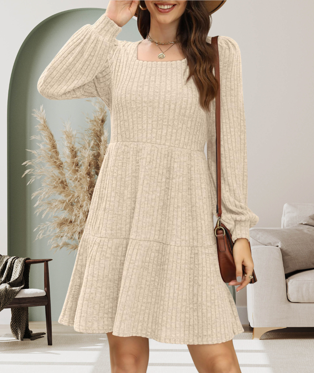 Lunaria™ – Robe Côtelée Chic à Encolure Carrée