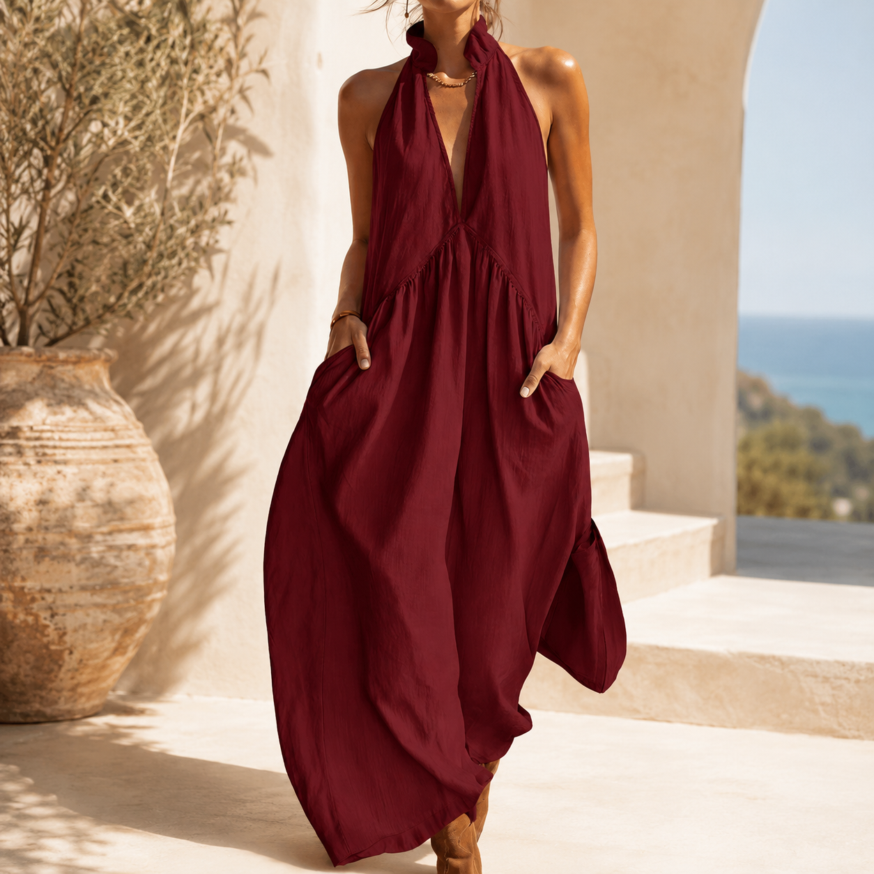 Floréa™ Robe Maxi Fluide Dos-Nu avec Poches