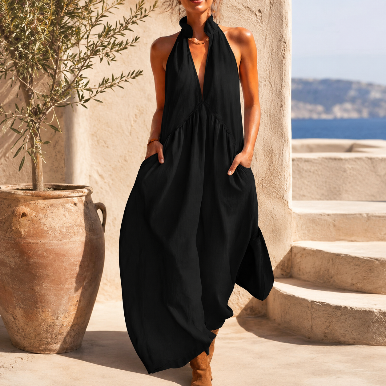 Floréa™ Robe Maxi Fluide Dos-Nu avec Poches