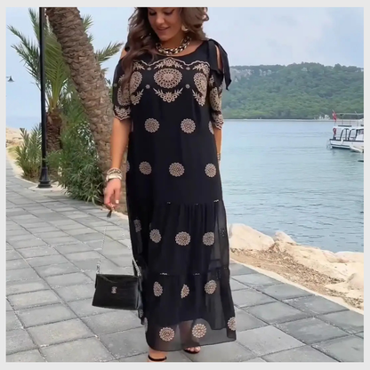 Robe Longue Bohème Imprimée en Dentelle Noire